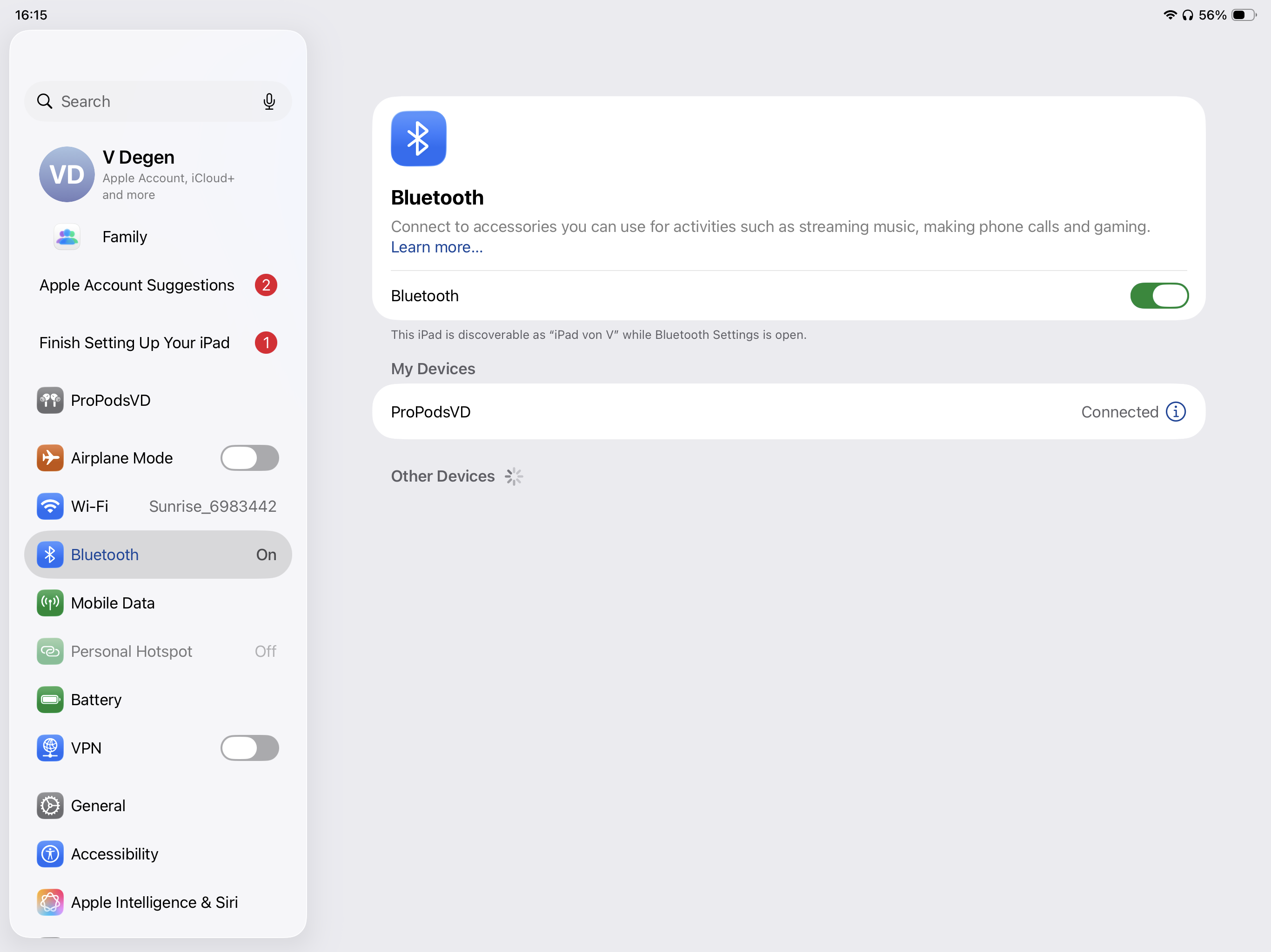 iPad Bluetooth settings