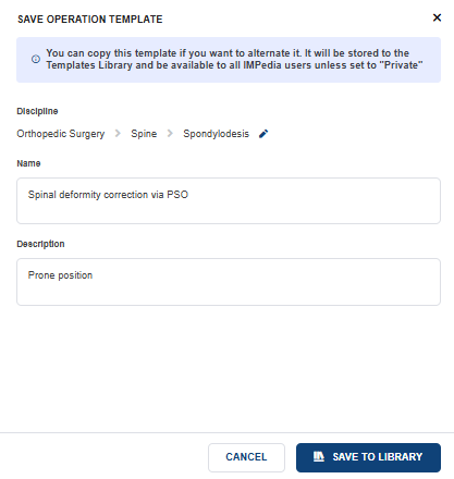 Edit template information dialog